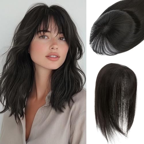 S-noilite 12-Inch Human Hair Topper with Bangs - Jet Black