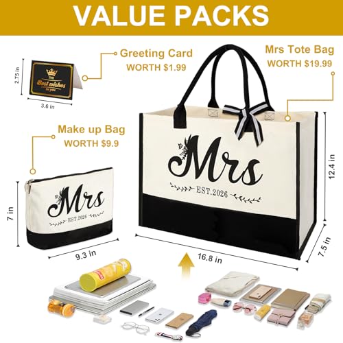 Mrs 2026 Bride Canvas Tote Bag with Makeup Bag, Wedding Gifts for Bridal Shower Bachelorette Party Engagement Honeymoon, Miss to Mrs, Bride to Be Gifts