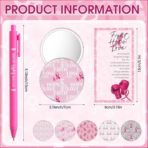 Pinkunn 25 Sets Breast Cancer Awareness Accessories Bulk Breast Cancer Gift for Women Compact Mirrors with Pink Ribbon Boxing Glove Design, Ballpoint Pens, Motivational Cards Charity Party Favors