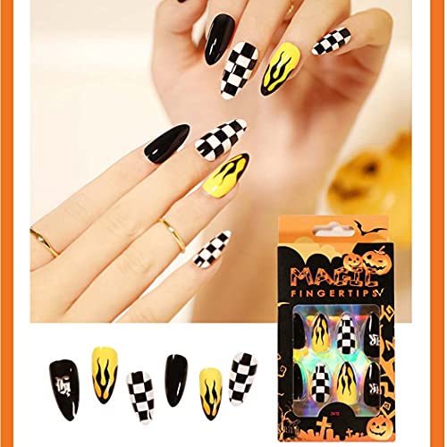 Outyua Stiletto Halloween Long Press on Nails with Design Horror Acrylic Fake Nails Ballerina False Nails Designer Full Cover Nails 24Pcs for Women and Girls (Fire Yellow)