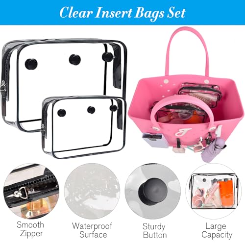 8 PCS Beach Bag Accessories Set for Bogg Bag, Silicone Phone Holder, 2 Clear Bag Insert Pouch, 4 Key Chain Hooks and Carabiners, Letter Charms Attachment, Compatible for Small & Large Beach Tote Bags