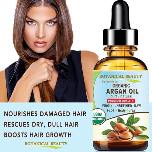 Botanical Beauty Organic ARGAN OIL 100% Pure Natural VIRGIN UNREFINED Cold-Pressed Carrier Oil for Face, Skin, Body, Hair, Lip, Nails. Rich in Vitamin E (1 Fl Oz)