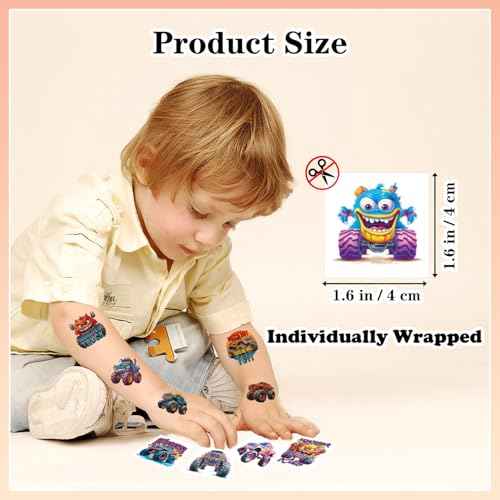 102 PCS Individually Wrapped Monster Trucks Temporary Tattoo for kids - Monster Truck Temporary for Girls Boy Body Arm Shoulder Cute Tattoos Stickers, Birthday Party Supplies Gifts for Kids
