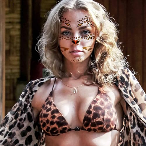 8 Sheets Gold Glitter Leopard Face Temporary Tattoos Stickers, Glitter Fake Cheetah Face Whisker Tattoos Stickers for Halloween Costume Makeup for Kids Adults Women Men