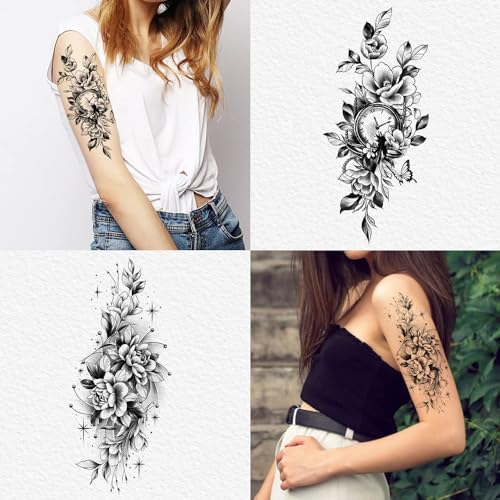 Cerlaza Black Flower Half Sleeve Temporary Tattoos for Women (10 Sheet)