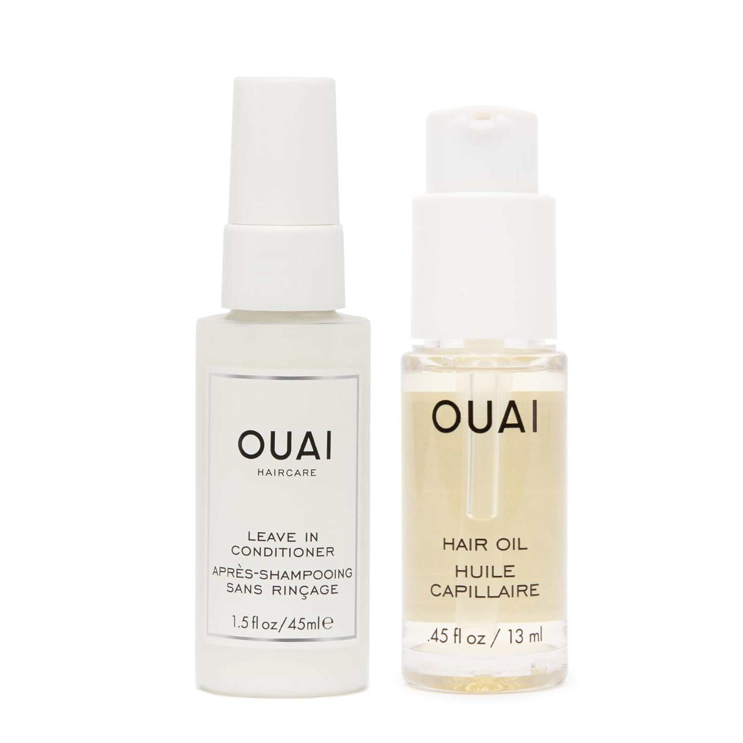 OUAI Travel-Size Hair Care Bundle - Leave-In Conditioner + Hair Oil - Hair Styling Products for Frizz Control, Heat Protection, Detangling, and Added Shine - (2 Count, 1.5 Oz/ 0.45 Oz)