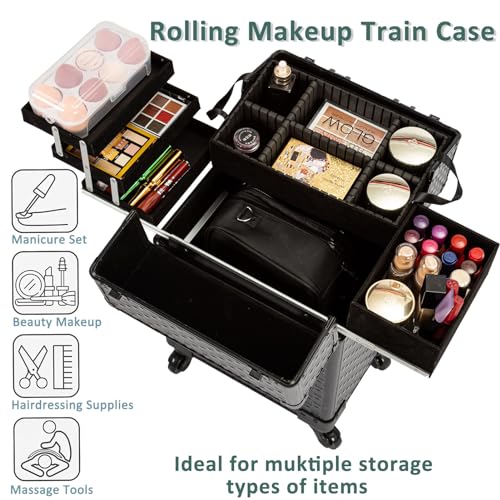 AROUS Rolling Makeup Case with 4 Trays, Black Cosmetology Trolley