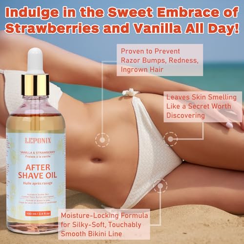 LEPONIX After Shave Oil for Women - 2025's Strawberry Vanilla Revolution (Not Grandma's Shave Oil) - Post Shave Treatment Prevents Ingrown Hairs & Razor Burn - Razor Bumps Treatment for Women - 100ml