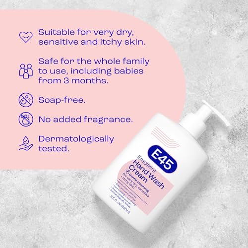 E45 Hand Wash Cream, for Dry, Itchy, Sensitive Skin, Fragrance-Free, No Soap Formula, Dermatologist Tested, for Healthier Skin, 8.5 fl oz (250ml)