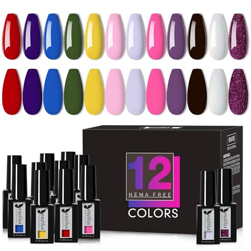 beautilux Gel Nail Polish, 12 Pcs Red Pink White Violet Glitter Gel Polish Kit, Soak Off UV Nail Gel Polish Manicure for Nail Art DIY Salon at Home and Gift