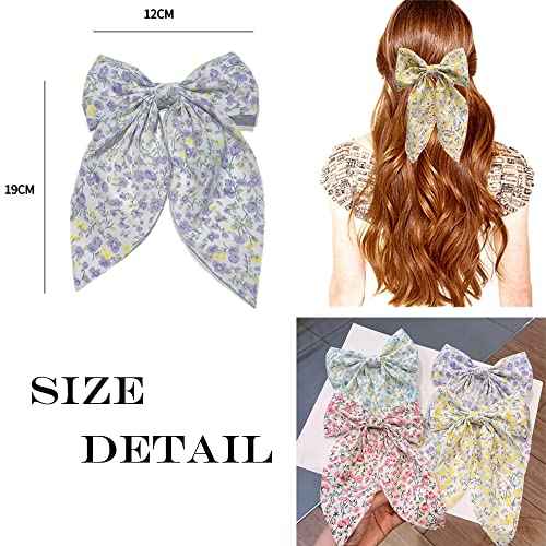 Chiffon Hair Bows for Women Girls,4 PCS Barrette Hair Clip Long Black Ribbon Bows French Style Hair Accessories for Summer (Pink,Yellow,Blue,Purple)