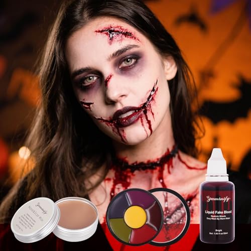 Halloween SFX Makeup Kit,6 Colors Bruise Wheel+30ml Dripping Washable Fake Blood+Liquid Latex+Scar Wax with Spatula+3 Pcs Sponge+Stipple Sponge,Face Fake Injury Special Effects Makeup Kit