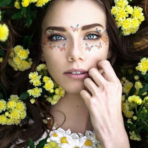 13 Sheets Glitter Eye Temporary Tattoos - Butterfly Flash Face Stickers with Conch Crystal Face Gems for Women & Girls - Birthday, Halloween, Christmas Party