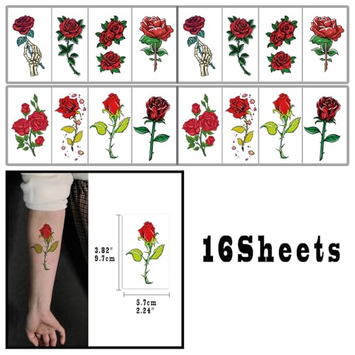 Rose Flower Temporary Tattoo Stickers, 16 Sheets Waterproof