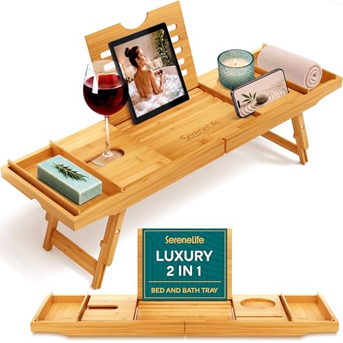 Bamboo Bath Caddy Tray with Adjustable Arms & Wine Glass Holder