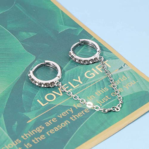 Boho Double Chain Hoop Earrings Silver Cz Hoop Chain Earrings Punk Dangle Chain Earrings Rhinestone Huggies Earrings Jewelry for Women Gifts (Silver)