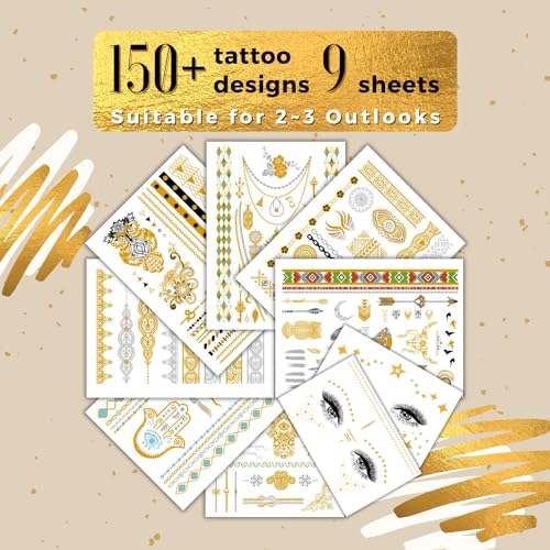 Gold Metallic Temporary Tattoos - 150+ Henna Stickers for Adults & Kids