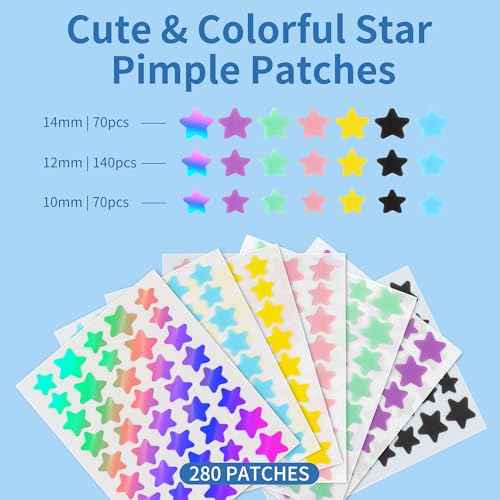 Pimple Patches for Face, 3 Size 280 Counts Hydrocolloid Acne Patches, Cute Star Pimple Stickers with Salicylic Acid, Tea Tree Oil & Calendula Oil, for Covering Zits and Blemishes