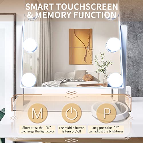 Hollywood Vanity Mirror with Lights, 12 Dimmable LED Bulbs Lighted Makeup Mirror with Detachable 10X Magnification Mirror, 1000mAh Rechargeable, 3 Color Lights, Touch Control