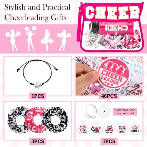 9 Pcs Cheerleader Gifts for Girls Cheer Makeup Bag 20oz Water Bottle Cheerleading Scrunchie Mirror Keychain Charm Bracelet Stickers for Senior Night Cheerleader Gifts Cheer Accessories Stuff