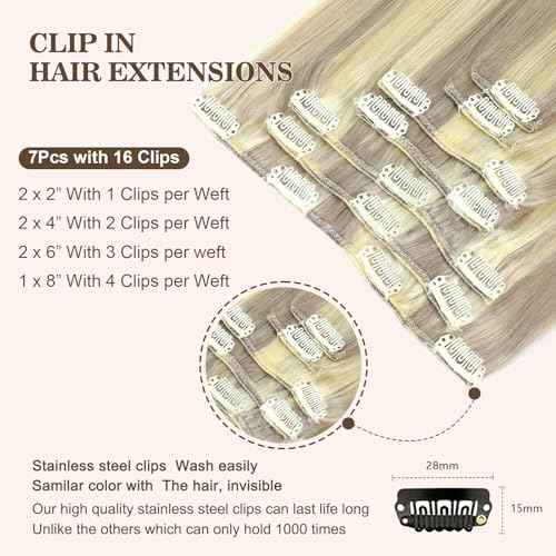 Clip in Hair Extensions Real Human Hair 120g 7pcs Human Hair Clip in Extensions 14 Inch Ash Blonde to Lightest Blonde #18/613 Thickened Straight Real Hair Extensions Clip in Human Hair