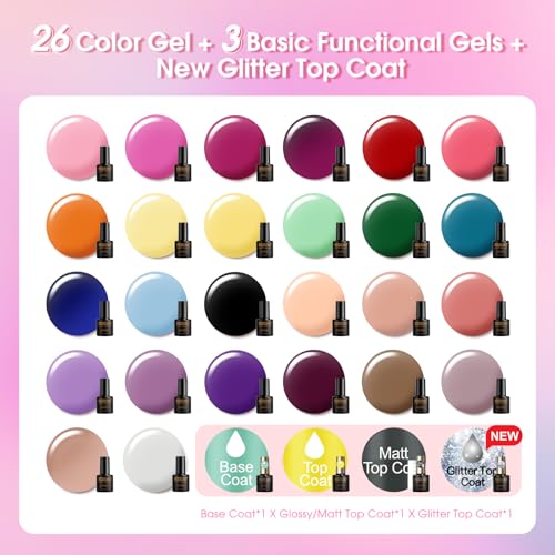 ROSALIND 30-Piece Gel Nail Polish Kit with Base & Top Coats - 26 Colors