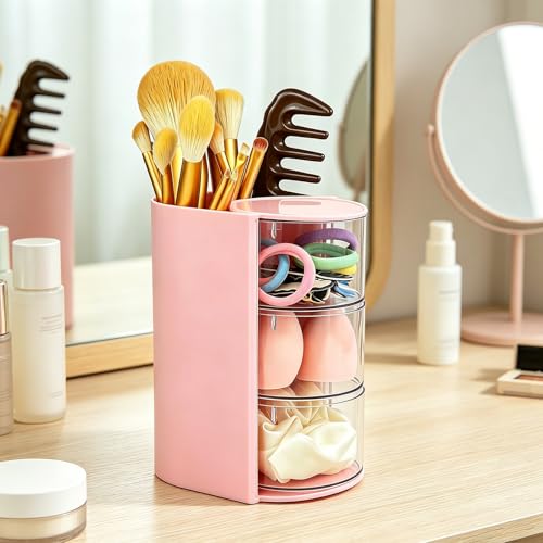 Pink Hair Accessories Organizer with Brush Holder - 180° Rotating Storage