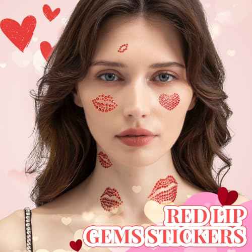 YGDZ Face Gems Self-Adhesive Face Jewels Stickers, Red Lip Hair Gems, Festival Kiss Jewels, Face Rhinestone Stickers for Makeup, Eye, Hair, Body, Rave Accessories, Stick on Gems for Kids, Women