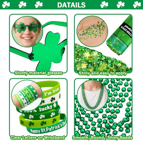 19PCS St Patricks Day Accessories Party Favor Set | Shamrock Green Face & Body Glitter Makeup, Green Glasses, Necklaces & Bracelets | Irish Throw Party Makeup Accessories & Dress-Up Costume Decor