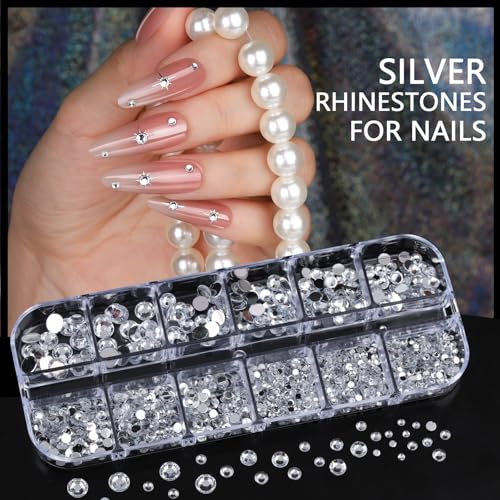 Teentior Nail Charms and Gems Silver Rhinestones for Nails with 15 Sheets Nail Stickers, 6 Boxes Nail Gems Y2K Accessories Pearls for Nails, Cross Nail Charms for Nails Design Caviar Beads for Nails