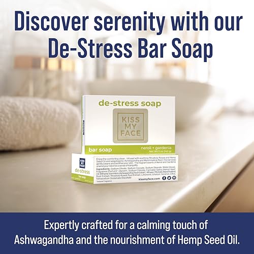 Kiss My Face De-Stress Bar Soap - Neroli + Gardenia - Vegan Soap Bar with Hemp Seed Oil - Cruelty Free and Palm Oil Free Bath Soap (Neroli + Gardenia, Pack of 1)