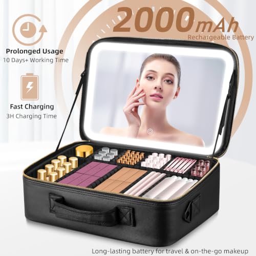 JJhxr 15''X11'' Large Capacity Makeup Bag with LED Mirror - Black, Adjustable Brightness