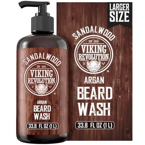 Viking Revolution Sandalwood Beard Wash for Men with Argan Oil - Beard Softener and Strengthener Beard Shampoo with Ginseng, Red Sage, Vitamin B5, Vitamin E - Sandalwood Beard Care (33.8 Fl oz)