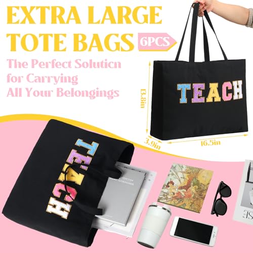 Talltalk 12 Pcs Teacher Tote Bags Bulk, Black Appreciation Gifts Chenille Letters Totes Bags with Makeup Pouch Set for Easter Graduation Party Teacher Gifts