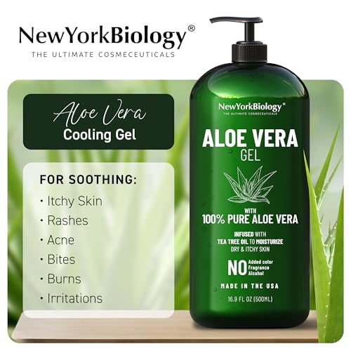 New York Biology Aloe Vera Gel for Face, Skin and Hair - Infused with Tea Tree Oil - From Fresh Aloe Vera Plant - Moisturizing Aloe Vera for Sunburn Relief and Dry Skin - 16.9 Fl Oz - Pack of 2