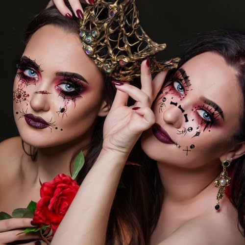 8 Pcs Horror Halloween Face Makeup Tattoos Stickers Clown Spider Web Undead Spirit Vampire Eyeshadow Temporary Sticker Scary Fake Freckles Face Tattoos for Day of Dead Carnival Party Decoration