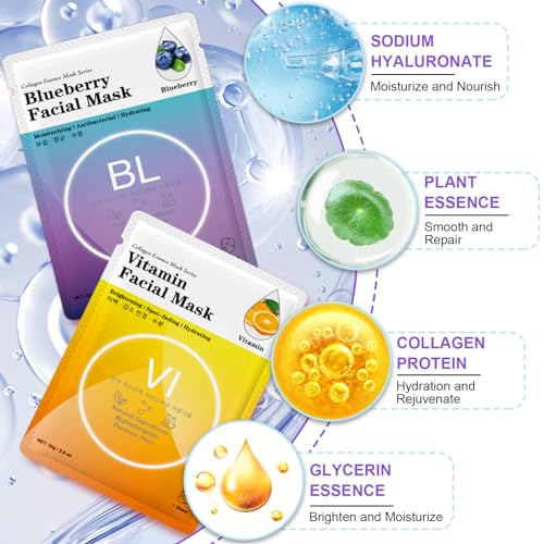 VESPRO 144 Pack Collagen Essence Sheet Facial Masks, Bulk Sheet Masks for Face, Hydrating Facial Masks for All Skin Types, Moisturizing and Soothing, Natural Skincare Spa Face Mask