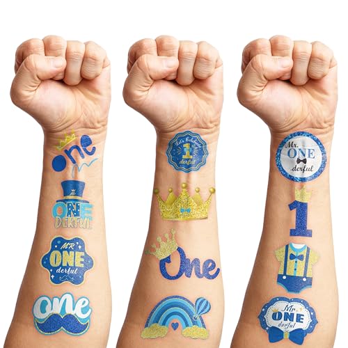 Mr Onederful First Temporary Tattoos 10 Sheets 100 PCS Onederful 1st Party Decorations Favors Supplies First Theme Birthday Stickers Gifts for Boys Girls Kids Class School Prizes Carnival Christmas