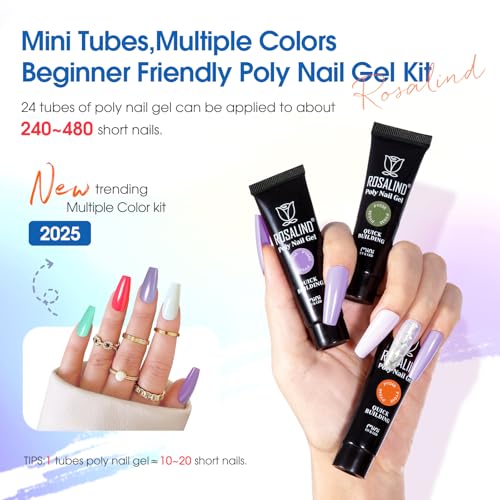 ROSALIND Poly Nail Gel Kit -24 Colors with Accessories Neon Poly Nails Gel Starter Kit with Slip Solution Mini UV Lamp Base Top Coat, Christmas All Seasons Classic Colors Poly Extension Gels Nails Kit