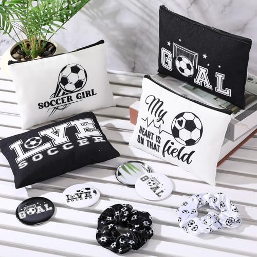 Baderke 72 Pcs Soccer Accessories Gifts Include 12 Make up Bags 12 Mirrors 12 Acrylic Keychains 12 Bracelet 12 Scrunchies 12 Hair Ties Team Gifts for Soccer Party Favor (Classic)