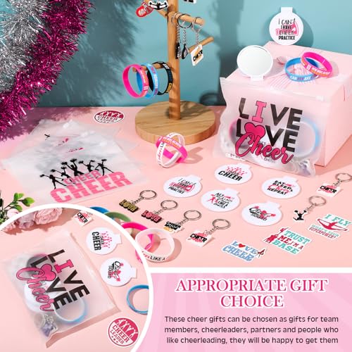 121 Pcs Cheerleader Gifts Kit 30 Zipper Portable Cheer Makeup Bag 30 Keychain Wristband Mirror 1 Bag Waterproof Cheer Stickers for Women Girls Cheerleader Teammates