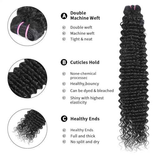 15A Raw Human Hair Bundles Deep Wave Bundles Human Hair,Triple Lifespan Indian Virgin Hair,No Tangle Shedding,Multiple Washes Keep Texture Silky Soft (1 Bundle Natural Black, 24)