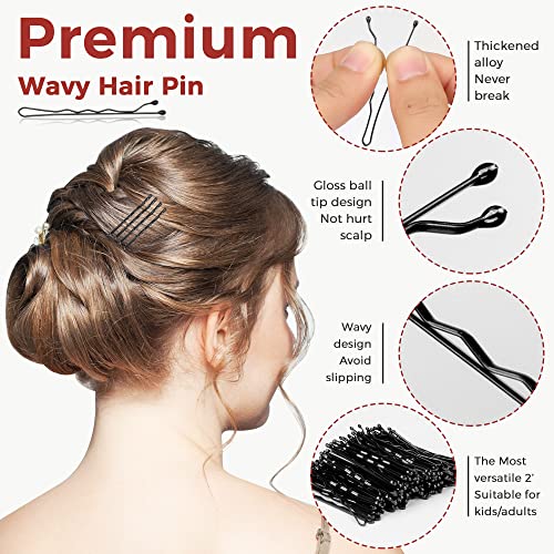 Black Bobby Pins 300 Pcs with Storage Box - 2 Inch Hair Pins for Women & Kids - Invisible Wavy Hair Clips