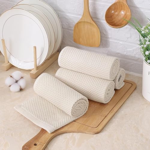 Kitinjoy 100% Cotton Kitchen Towels and Dishcloths Set, 8 Pack Waffle Weave Dish Towels Ultra Soft Absorbent Quick Drying Dish Rags, 13 x 28 Inch and 12 X 12 Inch, Beige