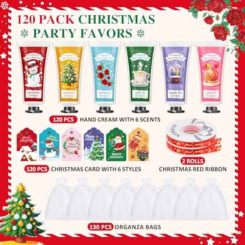 120 Sets Christmas Hand Cream Gift Set for Women, Hand Lotion In Bulk for Dry Cracked Hands Travel Size,Christmas Gifts with Cards and Organza Gift Bags, Stocking Stuffers for Women Teen Girls
