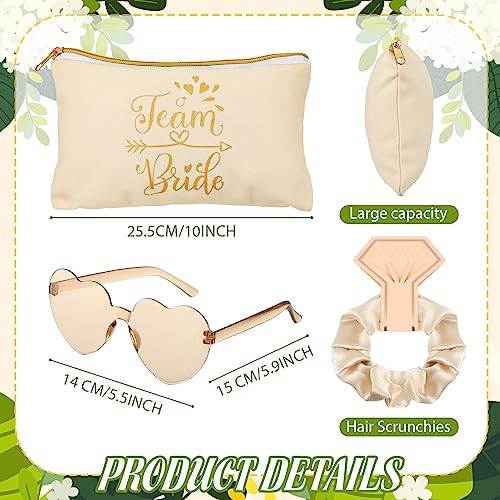 Sweetude 27 Pcs Bridesmaid Proposal Gift Bride Cosmetic Makeup Bags Bridal Hair Scrunchies Ties Heart Shape Sunglasses for Wedding Bachelorette Party Favor(Champagne, White)