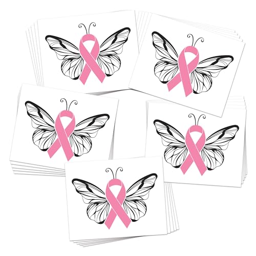 Butterfly Pink Ribbon Breast Cancer Awareness Temporary Tattoos ? 25pk ? Waterproof, Skin-Safe Designs for Events, Fundraisers & Supporters (Butterfly 25pk)