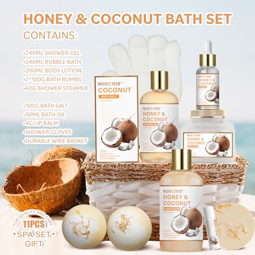 Valentine's Day Gift Baskets, Spa Gift Basket for Women, 11pcs Honey & Coconut Luxury Bath Gift Set, Spa Kit with Shower Gel, Bubble Bath, Bath Bombs , Beauty Gifts for Her, Women, Mom Birthday