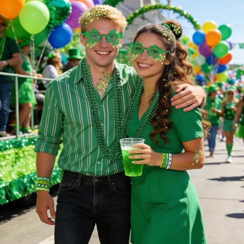 19PCS St Patricks Day Accessories Party Favor Set | Shamrock Green Face & Body Glitter Makeup, Green Glasses, Necklaces & Bracelets | Irish Throw Party Makeup Accessories & Dress-Up Costume Decor