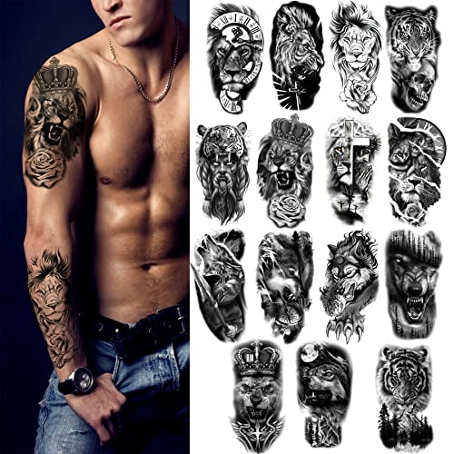 Animal Temporary Tattoos, 15-Sheet Black Tiger Lion Wolf Totem Adult Tattoos Temporary, Fake Tattoos Men